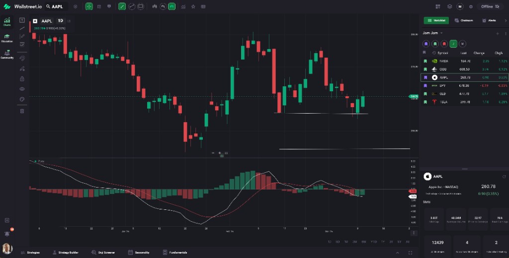 Charts with watchlist and MACD